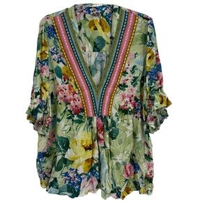 Blank London Anthropologie Watercolor Floral Top Size 2X Ribbon Neckline V-neck